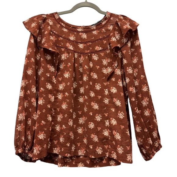 Madewell ladder trim ruffle top in dandelion burnished mahogany, cotton, small - Picture 2 of 8